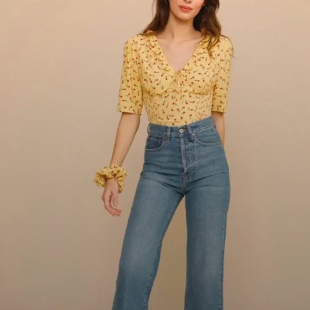 Rouje | Alessio Crop Top Yellow w/ Red Tulip Print | US Size 2 (FR Size 34)